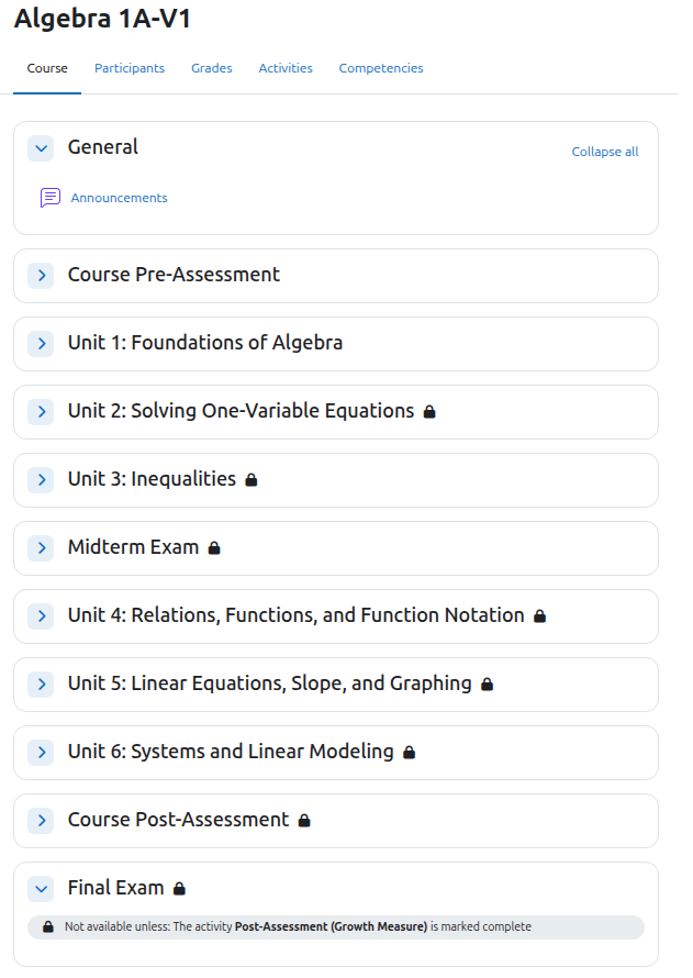 CIM Algebra 1A course outline showing assessments, six units, midterm, and final exam