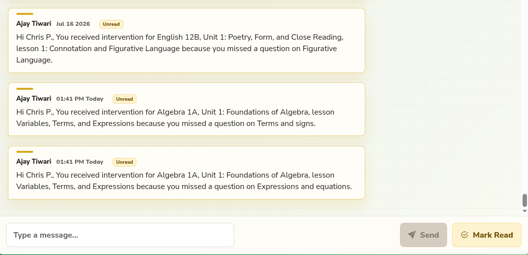 CIM student message center with automatic intervention notifications