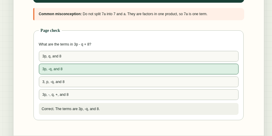 CIM algebra lesson showing a check-for-understanding question with immediate feedback