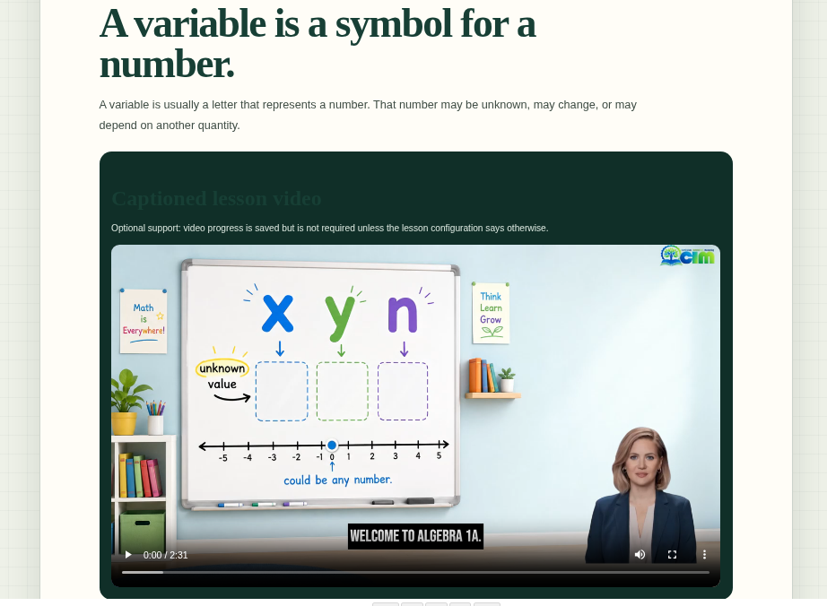 CIM lesson page with an embedded instructional algebra video